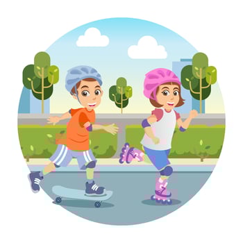 Cute cartoon little boy and girl skateboarding and roller blading vector