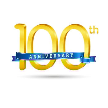 100th golden Anniversary logo with blue ribbon isolated on white background. 3d gold Anniversary logo vector