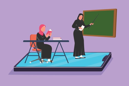 Character flat drawing Arabian female teacher teaching cute little girl junior high school student who sitting on chair near desk and studies on smartphone screen. Cartoon design vector illustration
