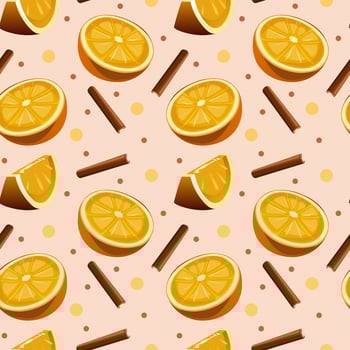 Spicy tea pattern. Spiced tea seamless background. Cartoon cinnamon and orange. Packaging, menu design, and interior decorating. Vector illustration.