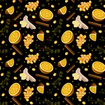 Spicy tea pattern. Spiced tea seamless background. Cartoon cinnamon, ginger, black paper, cardamon, clove and sea buckthorn. Packaging, menu design, and interior decorating. Vector illustration.