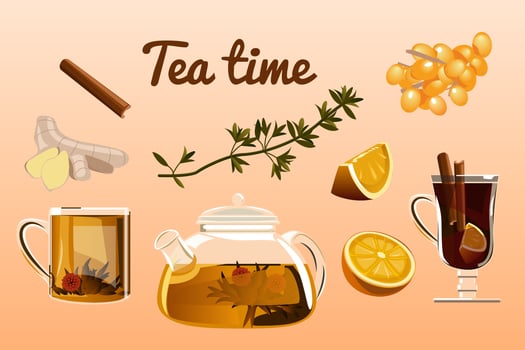 Set tea. Cup, branch, leaf, kettle, flower, sea buckthorn, ginger, and orange. Vector color vintage engraving illustration for labels, posters, web.