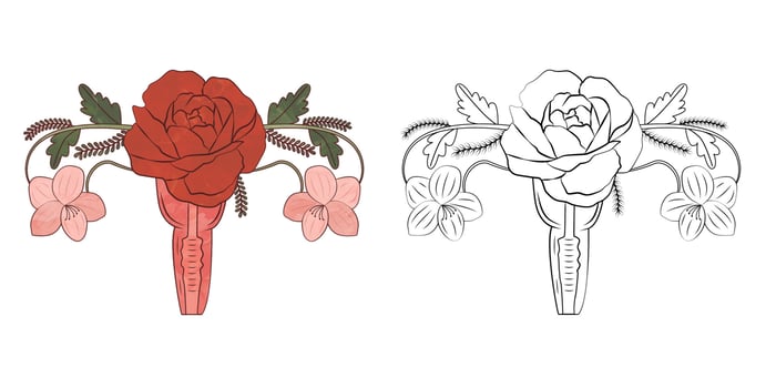 Floral uterus. Woman's symbol. Blooming of uterus. The concept of a healthy female reproductive system. Beautiful female reproductive organ and flowers.  Stock vector illustration.