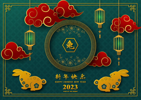 Chinese new year 2023,year of the rabbit with gold asian elements on green background vector