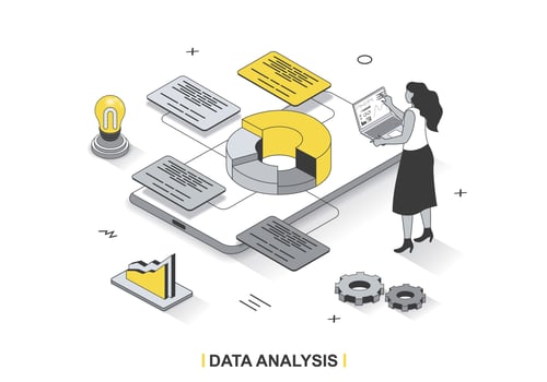 Data analysis concept in 3d isometric outline design. Women studies statistics and researches graphs and charts, making financial report, line web template. Vector illustration with people scene