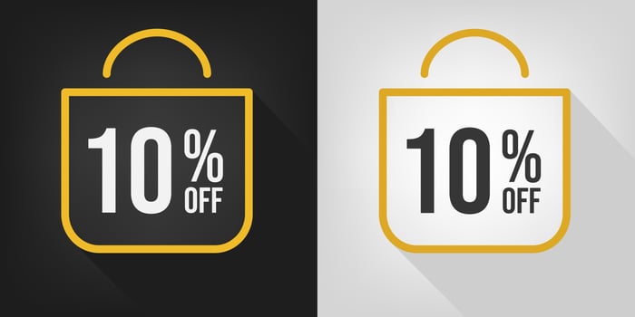 10 off. Black, white and yellow banner with ten percent discount. Shopping bag concept vector. vector