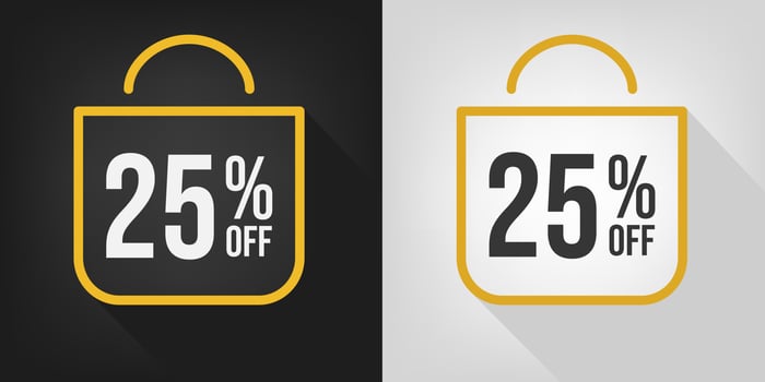 25 off. Black, white and yellow banner with twenty-five percent discount. Shopping bag concept vector. vector
