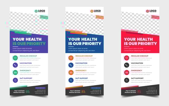 medical doctor healthcare modern rack card and dl flyer. medical doctor healthcare roll up banner design template with blue, green, yellow and red color. vector