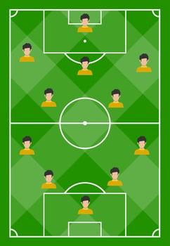 Football field with green grass and with eleven players. Vector illustration