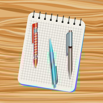 Notebook, orange pen, blue pen and brown pen on a wooden table vector