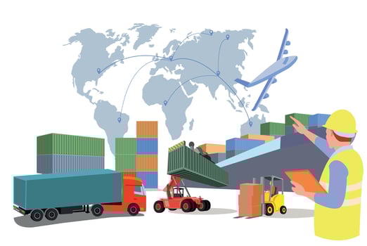 Logistics and shipping of container truck at ship port for business Container Cargo ship and cargo plane with crane bridge working at shipyard at sunrise, logistics import export and shipping vector