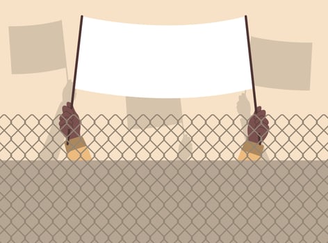 Crowd of protesters people. Silhouettes of hands people with banners vector