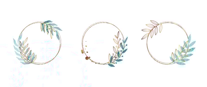 Set of luxury wedding frame element vector illustration. Watercolor and golden leaf branch wreath with circle frame and brush stroke. Design suitable for frame, invitation card, poster, banner.