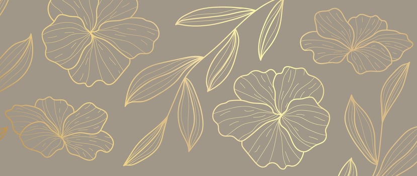 Luxury floral golden line art wallpaper. Elegant blooming flowers and leaf branch pattern background. Design illustration for decorative, card, home decor, website, packaging, print, cover, banner. vector