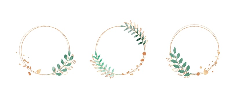 Set of luxury wedding frame element vector illustration. Watercolor and golden leaf branch wreath with circle frame and brush stroke. Design suitable for frame, invitation card, poster, banner.