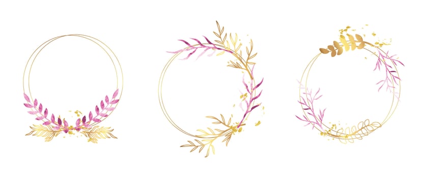 Set of luxury wedding frame element vector illustration. Watercolor and golden leaf branch with circle frame and brush stroke texture. Design suitable for frame, invitation card, poster, banner.