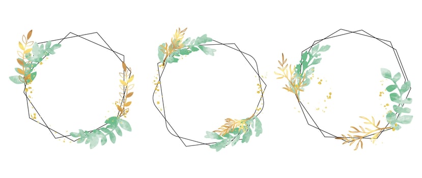 Set of luxury wedding frame element vector illustration. Watercolor and golden leaf branch with polygonal frame and brush stroke texture. Design suitable for frame, invitation card, poster, banner.