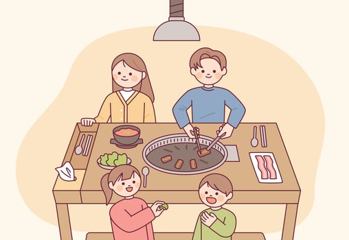 Korean samgyeopsal restaurant. A family of four is sitting at the table happily. vector