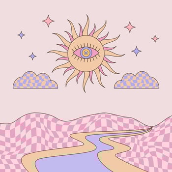 Cartoon groovy psychedelic landscape. 1970s good vibes square poster. vector