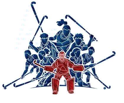 Group of Field Hockey Sport Male an Female Players Mix Action Cartoon Graphic Vector