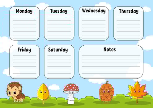 School timetable. For the education of children. Isolated on color background. With a cute cartoon character. Vector illustration.