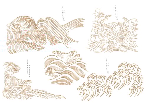 Japanese hand drawn wave decoration in vintage style. Natural elements with oriental pattern. vector