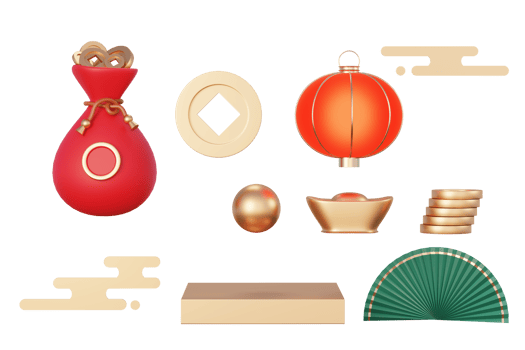 Happy Chinese new year 2023 with the year of Rabbit. Traditional Podium for showing product. Lunar new year red background decorate with Chinese texture, gold, coins, and zodiac sign. 3D render. png