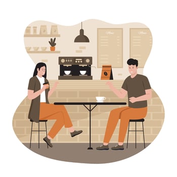 Vector illustration of man and woman talking in coffee shop