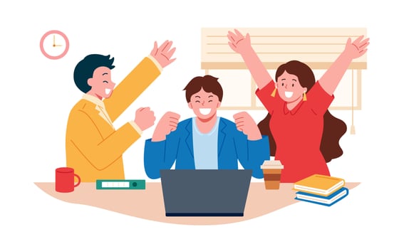 Happy people in casual wear looking at the laptop rejoicing success with arms up. Flat illustration of business team celebrating success. vector
