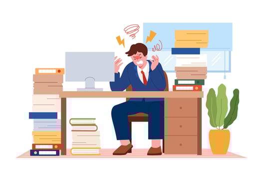 Frustrated and angry businessman at his workplace. Flat illustration of stressed entrepreneur at his desk. vector