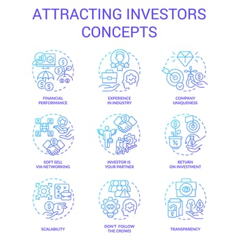 Attracting investors blue gradient concept icons set. Involve funding. Small business financing idea thin line color illustrations. Isolated symbols vector