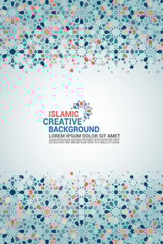 Islamic greeting card, banner background with ornamental colorful details of arabesque mosaic Islamic art ornament. vector