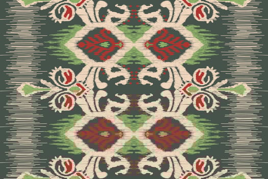 Ikat floral paisley embroidery on green background.geometric ethnic oriental seamless pattern traditional.Aztec style abstract vector illustration.design for texture,fabric,clothing,wrapping,carpet