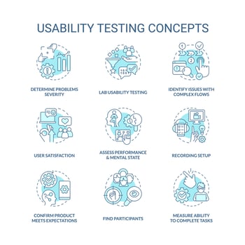 Usability testing turquoise concept icons set. Conduct user experience research design idea thin line color illustrations. Isolated symbols. Editable stroke vector