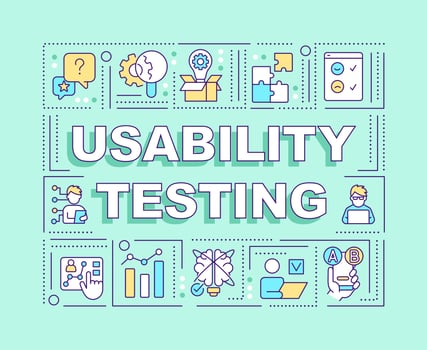 Usability testing word concepts turquoise banner. Behavioral research. Infographics with editable icons on color background. Isolated typography. Vector illustration with text