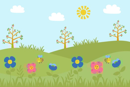 Hand-drawn spring landscape. Spring time landscape background with flowers, bees vector