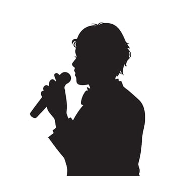 MC Master of Ceremony, announcer, or singer person character with holding mic pose gesture. Black vector illustration silhouette isolated on white background. Simple human drawing holding microphone