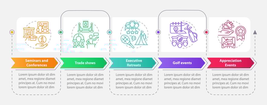 Corporate events rectangle infographic template. Business works. Data visualization with 5 steps. Editable timeline info chart. Workflow layout with line icons vector