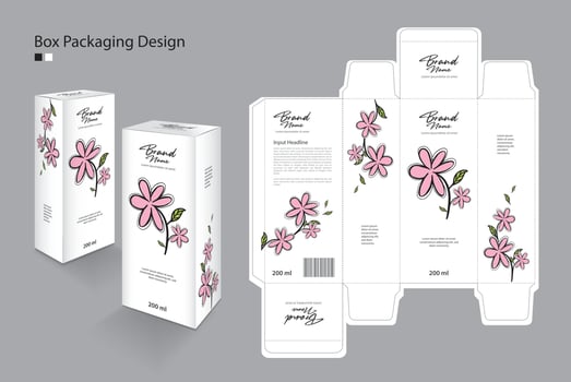 Box, Packaging design Template for cosmetic, Supplement, spa, Beauty, food, Hair, Skin, lotion, medicine, cream. packaging design creative idea. Boxes 3d, flower art concept, pink flower logo vector