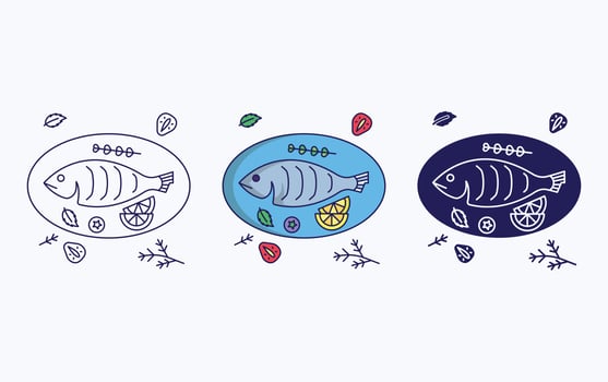 Baked fish dish vector icon