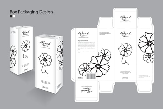 Box, Packaging design Template for cosmetic, Supplement, spa, Beauty, food, Hair, Skin, lotion, medicine, cream. packaging design creative idea. Boxes 3d, flower art concept, Black flower logo vector