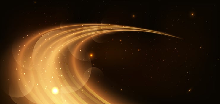 Abstract glowing gold curved lines on dark brown background with lighting effect and sparkle with copy space for text. vector