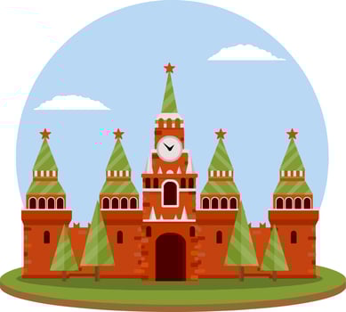 Moscow kremlin. Tourist destination for tour to capital. Fortress with tower and wall. Tourist attraction. Cartoon flat illustration. Summer season. Residence of Russian. President on red square vector