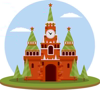 Moscow kremlin. Tourist destination for tour to capital. Fortress with tower and wall. Tourist attraction. Cartoon flat illustration. Summer season. Residence of Russian. President on red square vector