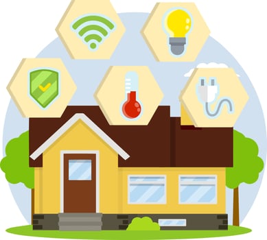 Small house. Suburban one-storey building. Smart house. Online system management. Modern effective communication. Cartoon flat illustration vector