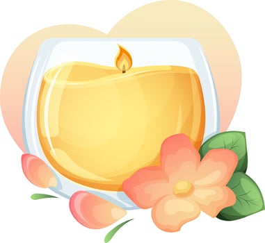 Cartoon aroma candle, romantic glass candle with flower isolated vector
