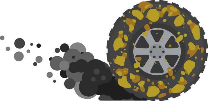 Dirty wheel of truck. Off-road driving. Ground on tire. Car wash symbol. Garbage and dirt. Cartoon flat illustration vector