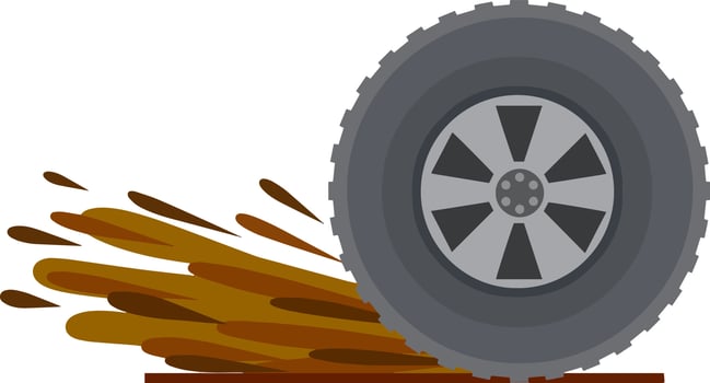Dirty wheel of the truck. Off-road driving. ground on tire. Car wash symbol. Garbage and dirt. Cartoon flat illustration vector