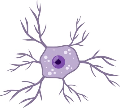 Blue neuron cell. Brain activity and dendrites. Membrane and the nucleus. Scientific cartoon illustration. Microbiology and mind vector