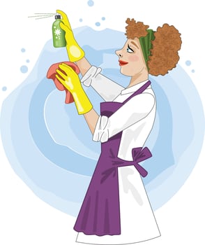 A pretty lady happily using cleaning products vector